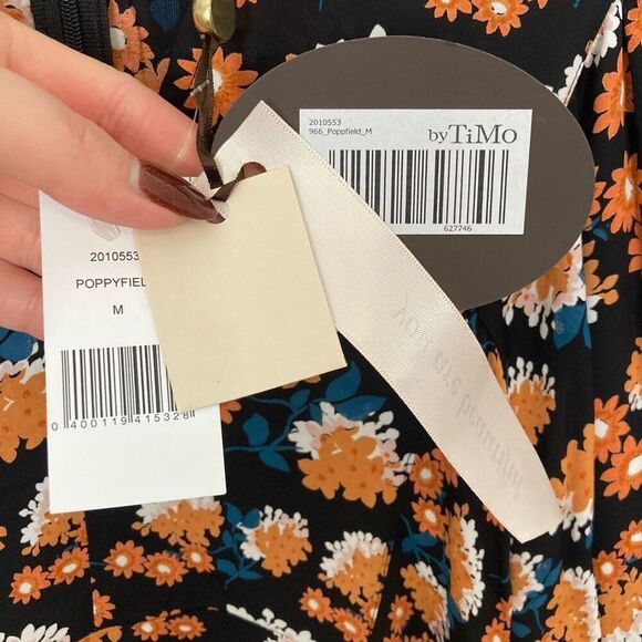 byTiMo Poppyfield Black Orange Floral Mini‎ Dress Puff Long Sleeve V-neck sz M - Picture 3 of 8